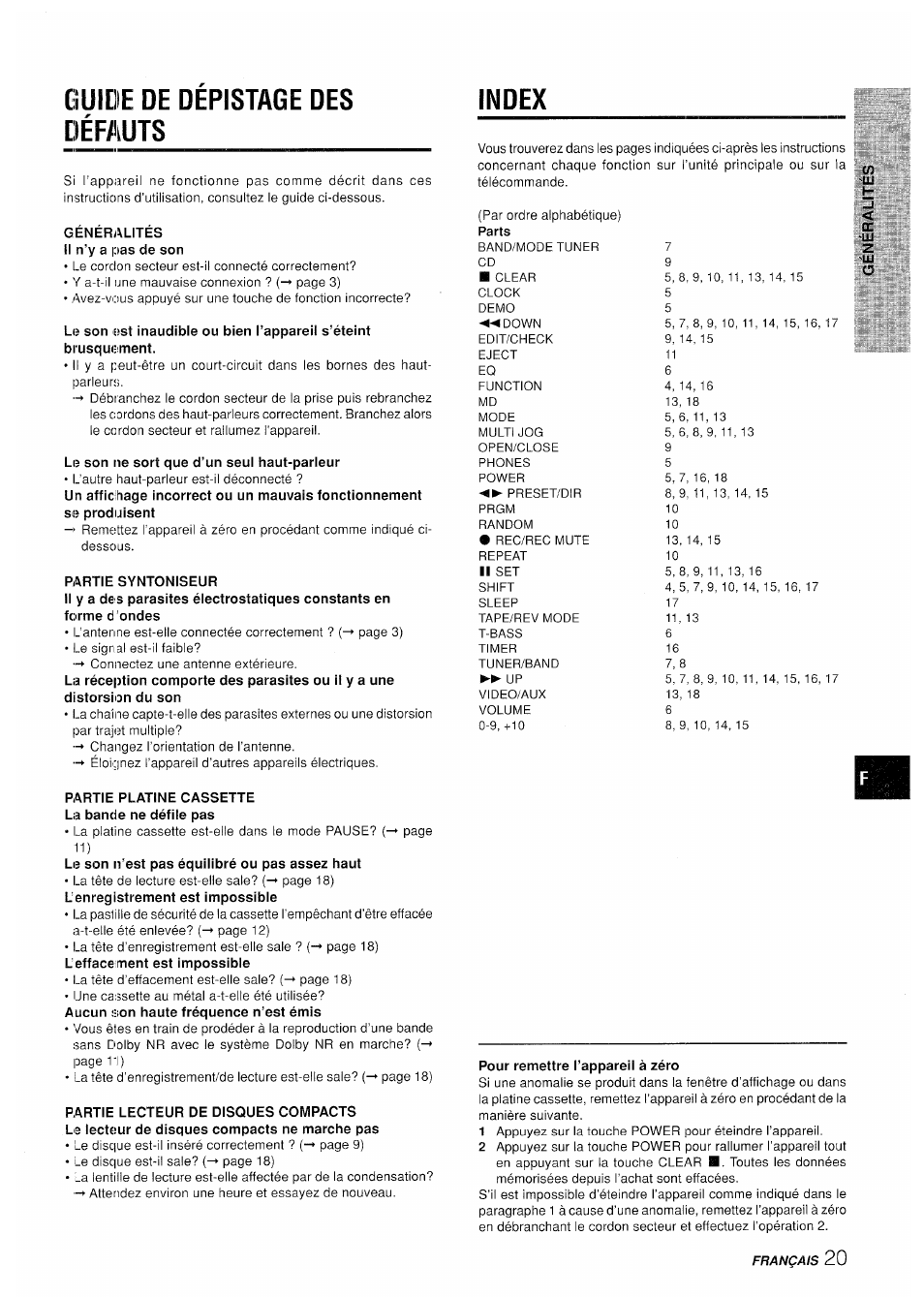 Guide de depistage des défauts, Index, Pour remettre l’appareil à zéro | Guide de dépistage des défauts | Aiwa XR-M35 User Manual | Page 61 / 64