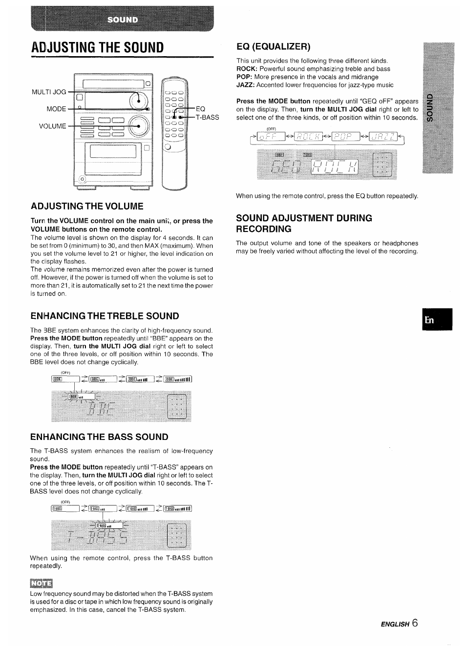 Ad justing the volume, Eq (equalizer), Sound adjustment during recording | Enhancingthetreble sound, Enhancing the bass sound, Adjusting the sound | Aiwa XR-M35 User Manual | Page 7 / 64