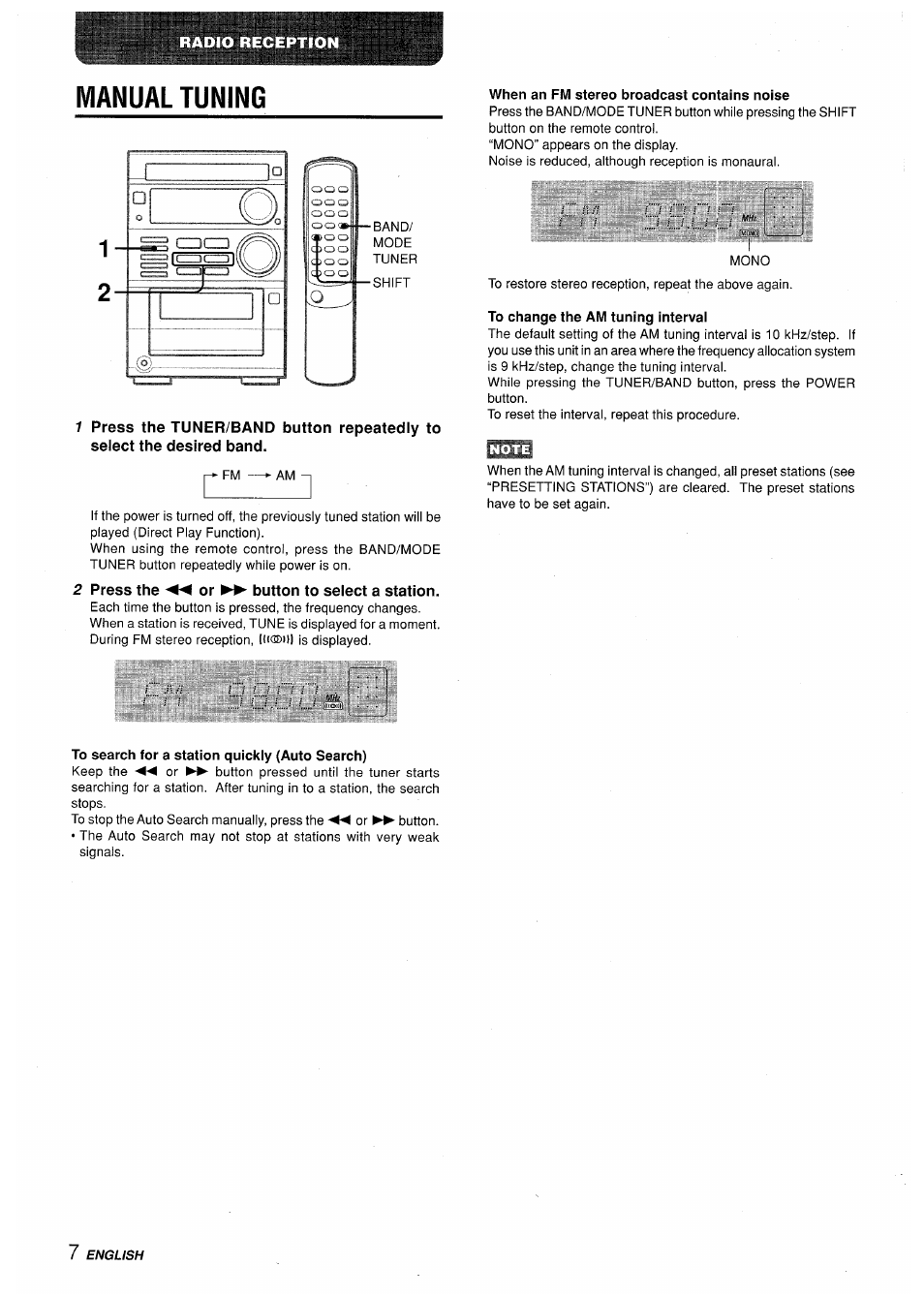 Manual tuning, When an fm stereo broadcast contains noise, To change the am tuning interval | To search for a station quickly (auto search), I .’.j o.lj l.j s | Aiwa XR-M35 User Manual | Page 8 / 64