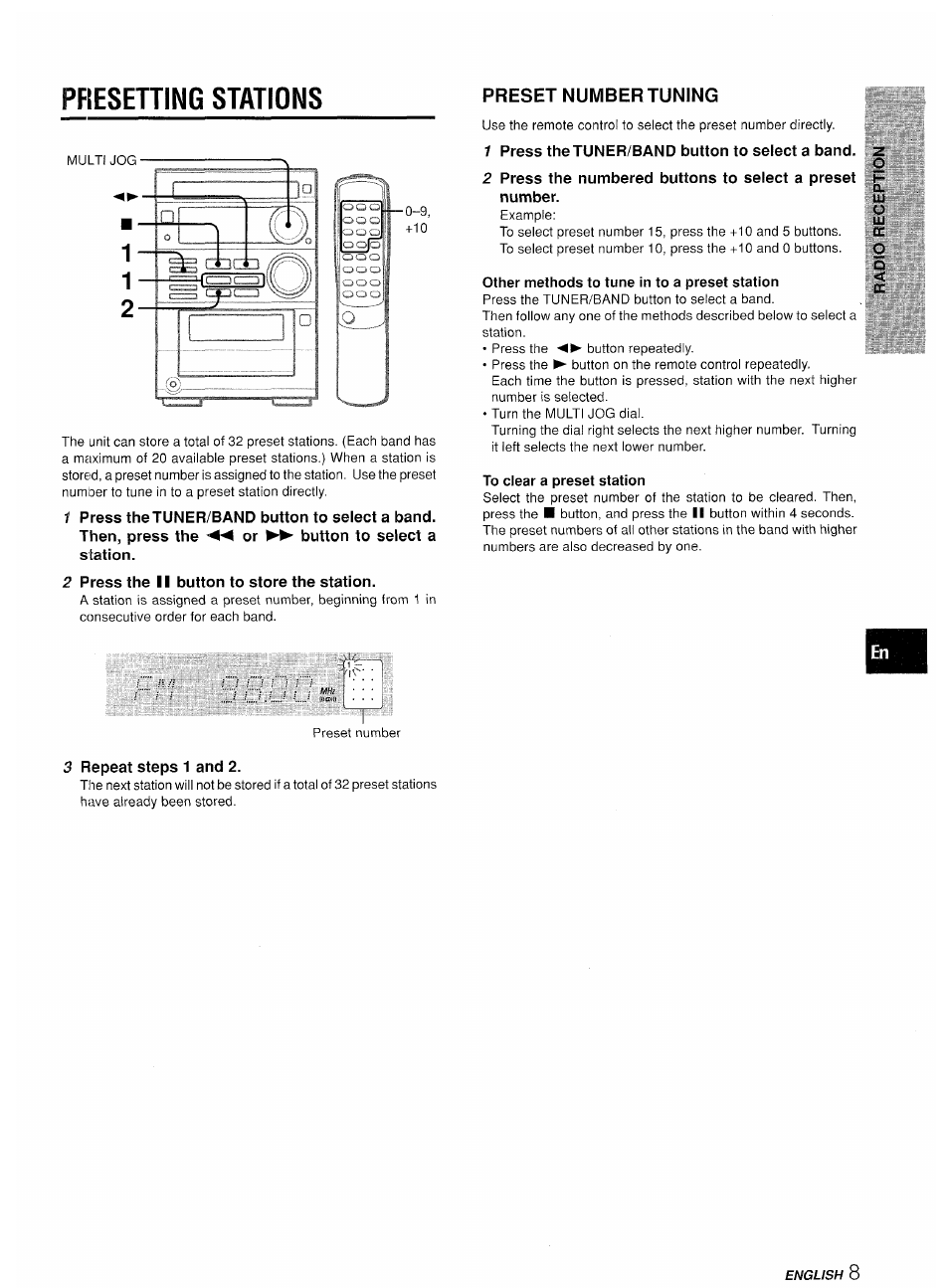 Other methods to tune in to a preset station, To clear a preset station, Presetting stations | Preset number tuning | Aiwa XR-M35 User Manual | Page 9 / 64