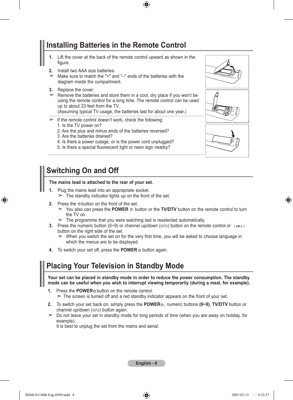 Installing batteries in the remote control, Switching on and off, Placing your television in standby mode | Samsung LE46M87BD User Manual | Page 10 / 560