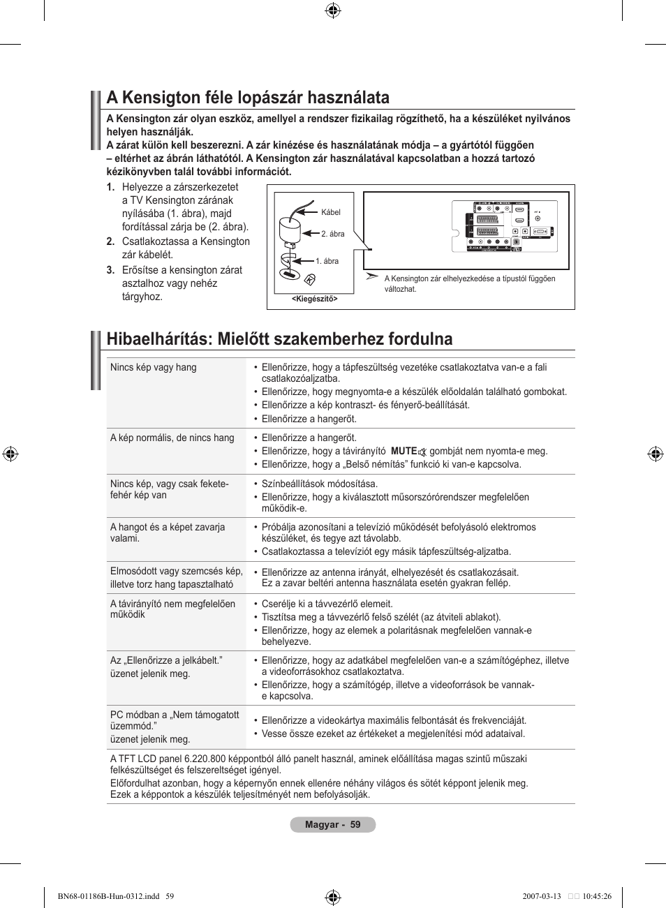 A kensigton féle lopászár használata, Hibaelhárítás: mielőtt szakemberhez fordulna | Samsung LE46M87BD User Manual | Page 123 / 560