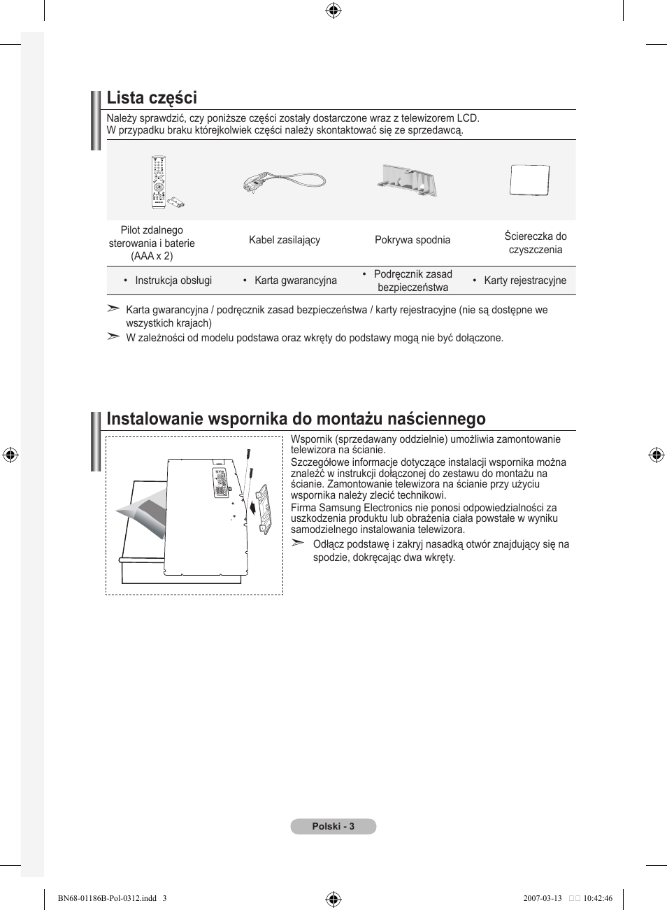 Lista części, Instalowanie wspornika do montażu naściennego | Samsung LE46M87BD User Manual | Page 129 / 560