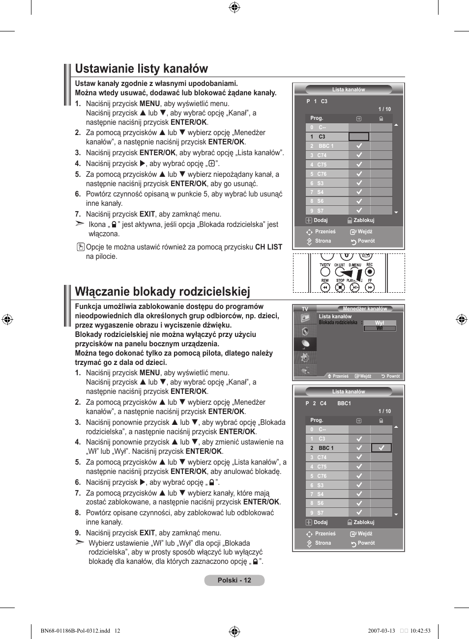 Ustawianie listy kanałów, Włączanie blokady rodzicielskiej | Samsung LE46M87BD User Manual | Page 138 / 560