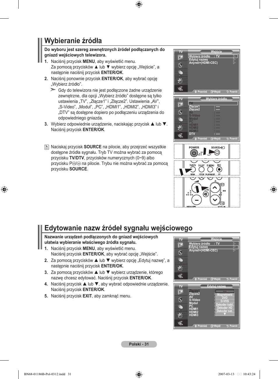 Wybieranie źródła, Edytowanie nazw źródeł sygnału wejściowego | Samsung LE46M87BD User Manual | Page 157 / 560