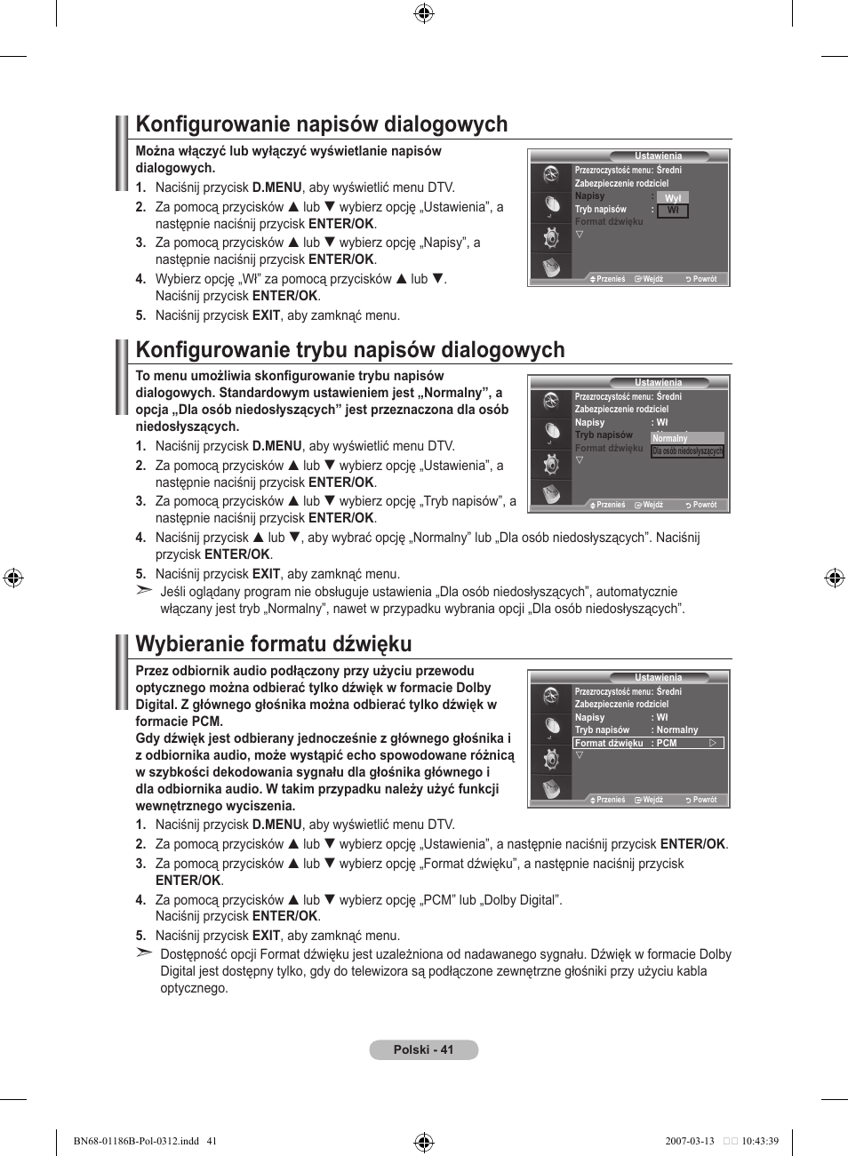 Konfigurowanie napisów dialogowych, Konfigurowanie trybu napisów dialogowych, Wybieranie formatu dźwięku | Samsung LE46M87BD User Manual | Page 167 / 560