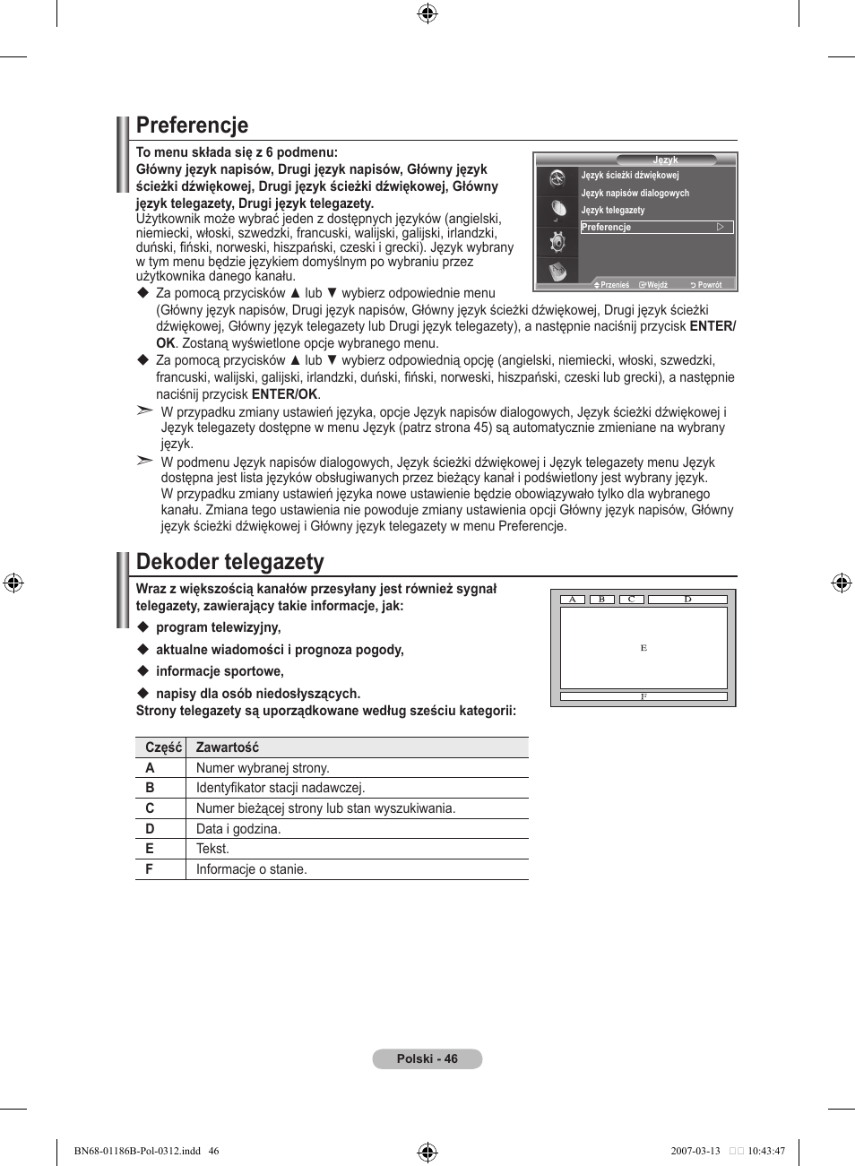 Preferencje, Dekoder telegazety | Samsung LE46M87BD User Manual | Page 172 / 560