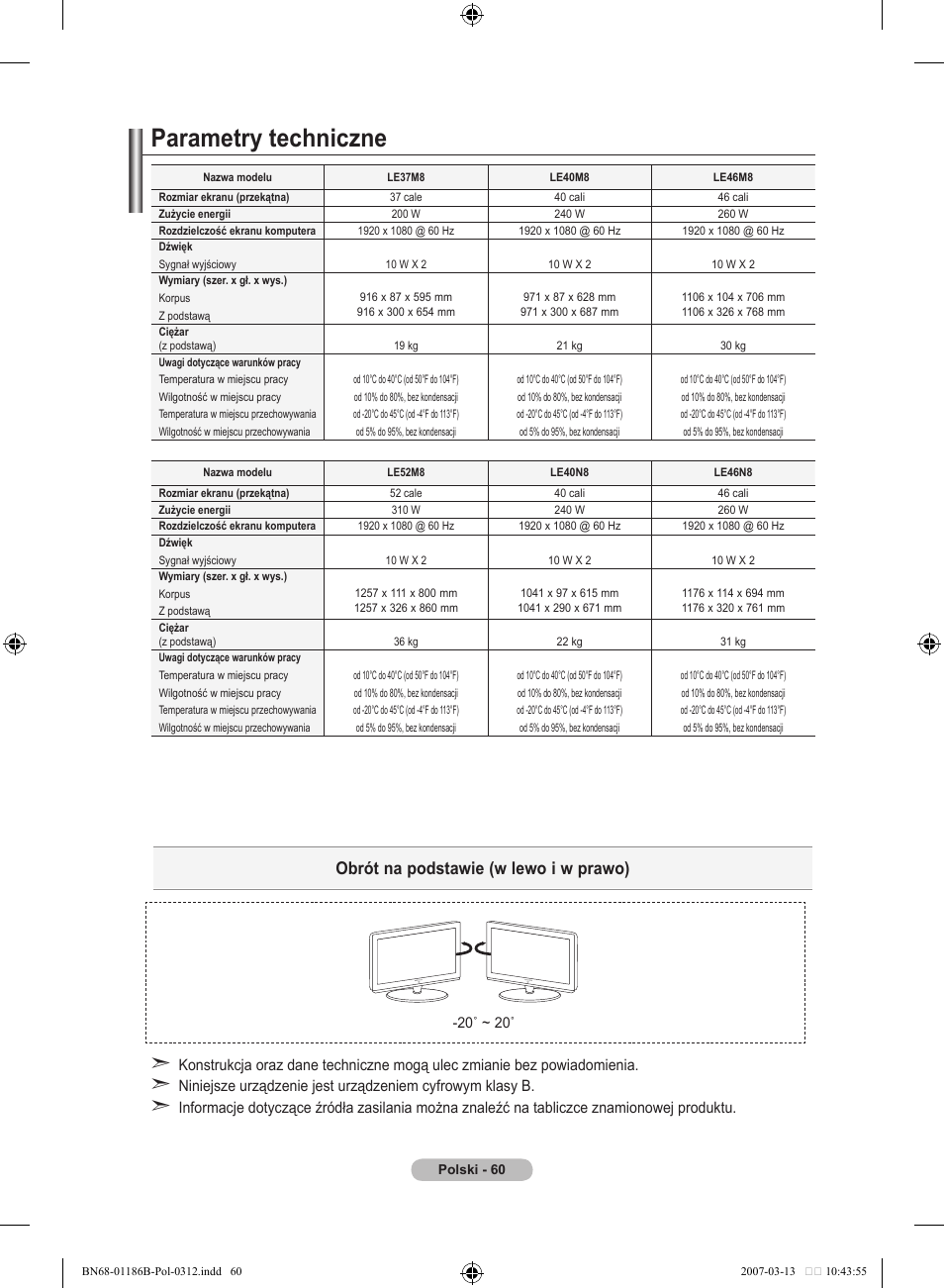 Parametry techniczne, Obrót na podstawie (w lewo i w prawo) | Samsung LE46M87BD User Manual | Page 186 / 560