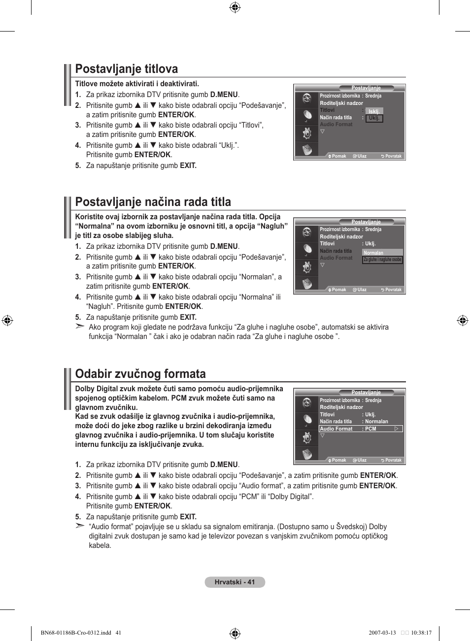 Postavljanje titlova, Postavljanje načina rada titla, Odabir zvučnog formata | Samsung LE46M87BD User Manual | Page 353 / 560