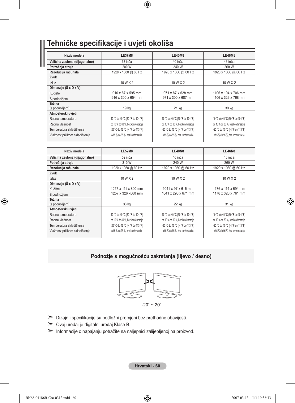 Tehničke specifikacije i uvjeti okoliša, Podnožje s mogućnošću zakretanja (lijevo / desno) | Samsung LE46M87BD User Manual | Page 372 / 560