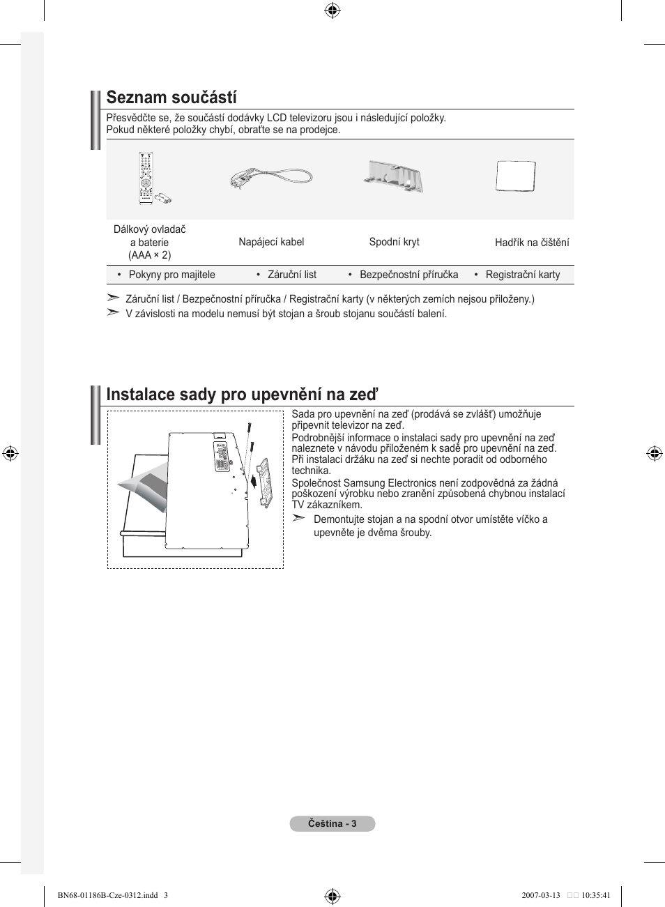 Seznam součástí, Instalace sady pro upevnění na zeď | Samsung LE46M87BD User Manual | Page 377 / 560