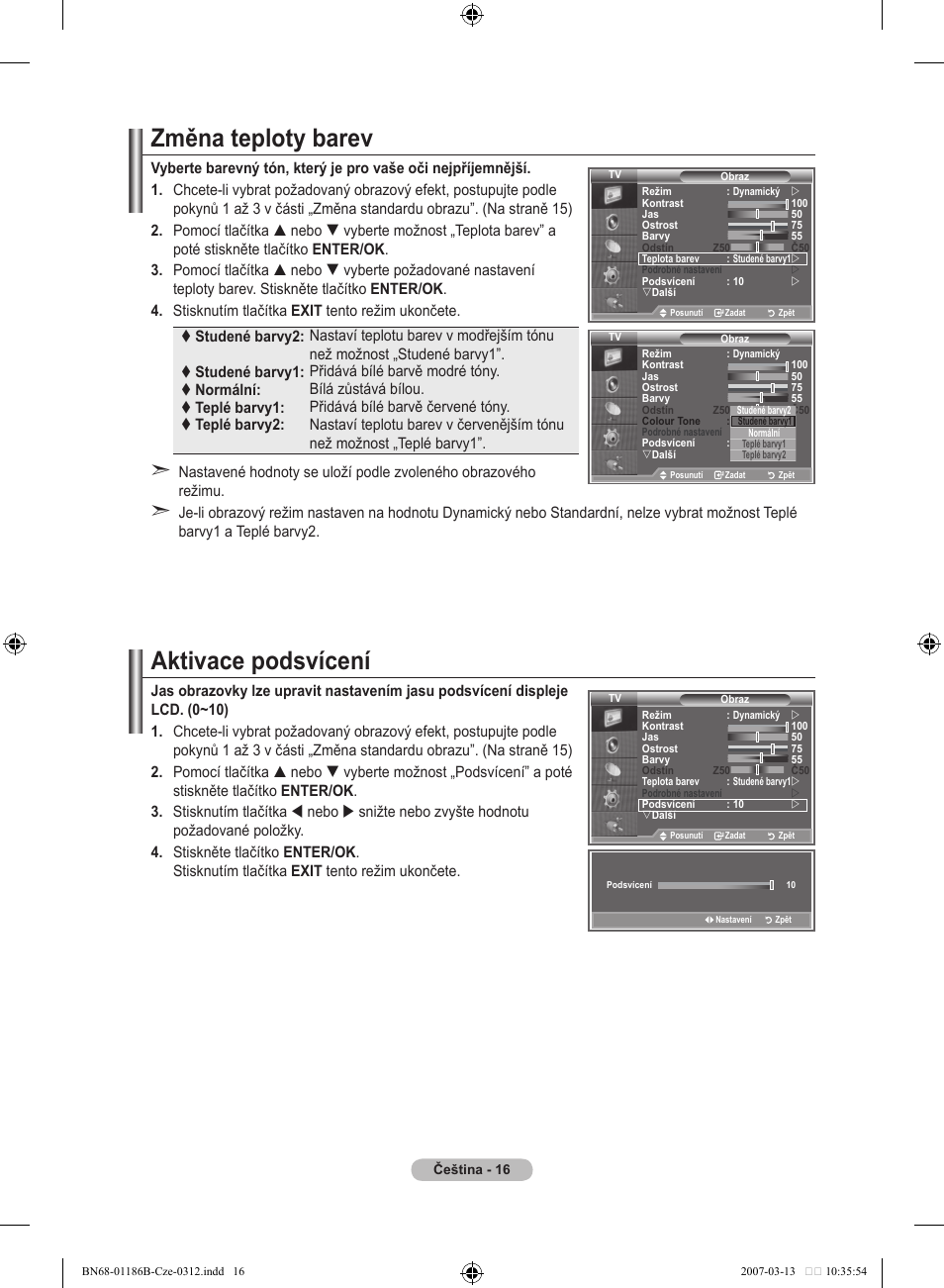 Změna teploty barev, Aktivace podsvícení | Samsung LE46M87BD User Manual | Page 390 / 560
