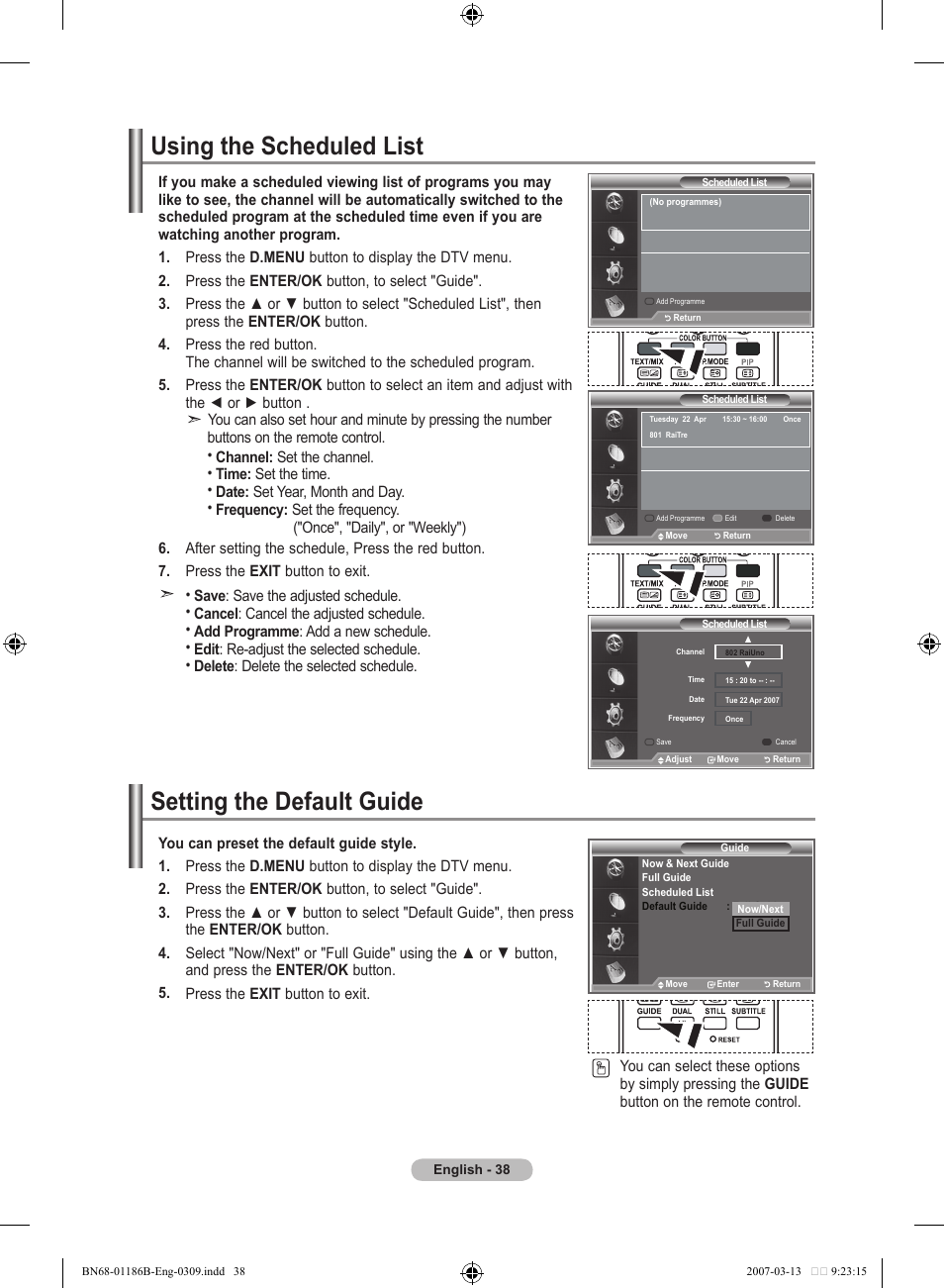 Using the scheduled list, Setting the default guide | Samsung LE46M87BD User Manual | Page 40 / 560