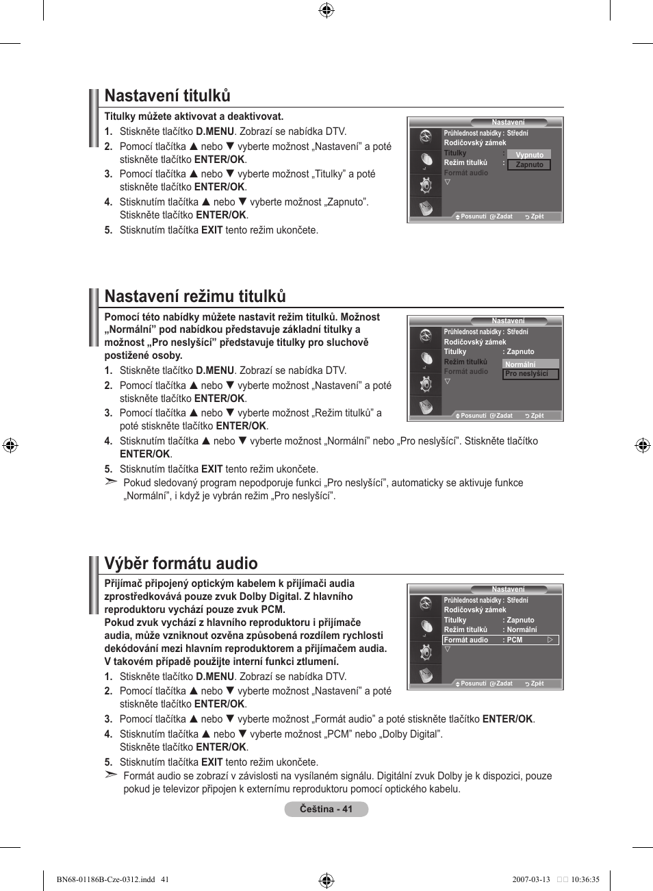 Nastavení titulků, Nastavení režimu titulků, Výběr formátu audio | Samsung LE46M87BD User Manual | Page 415 / 560