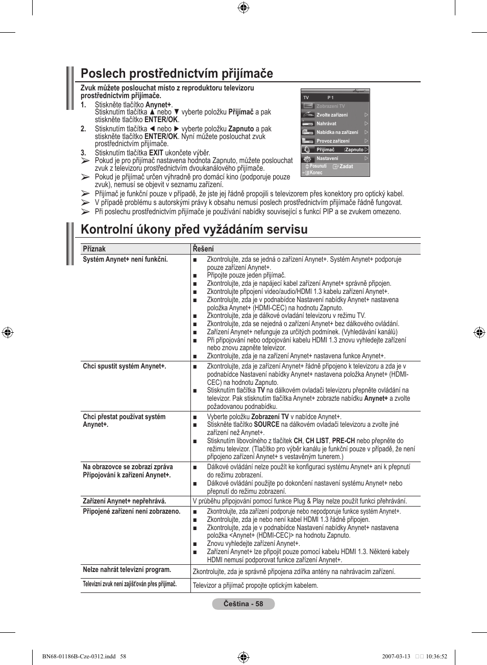 Poslech prostřednictvím přijímače, Kontrolní úkony před vyžádáním servisu | Samsung LE46M87BD User Manual | Page 432 / 560