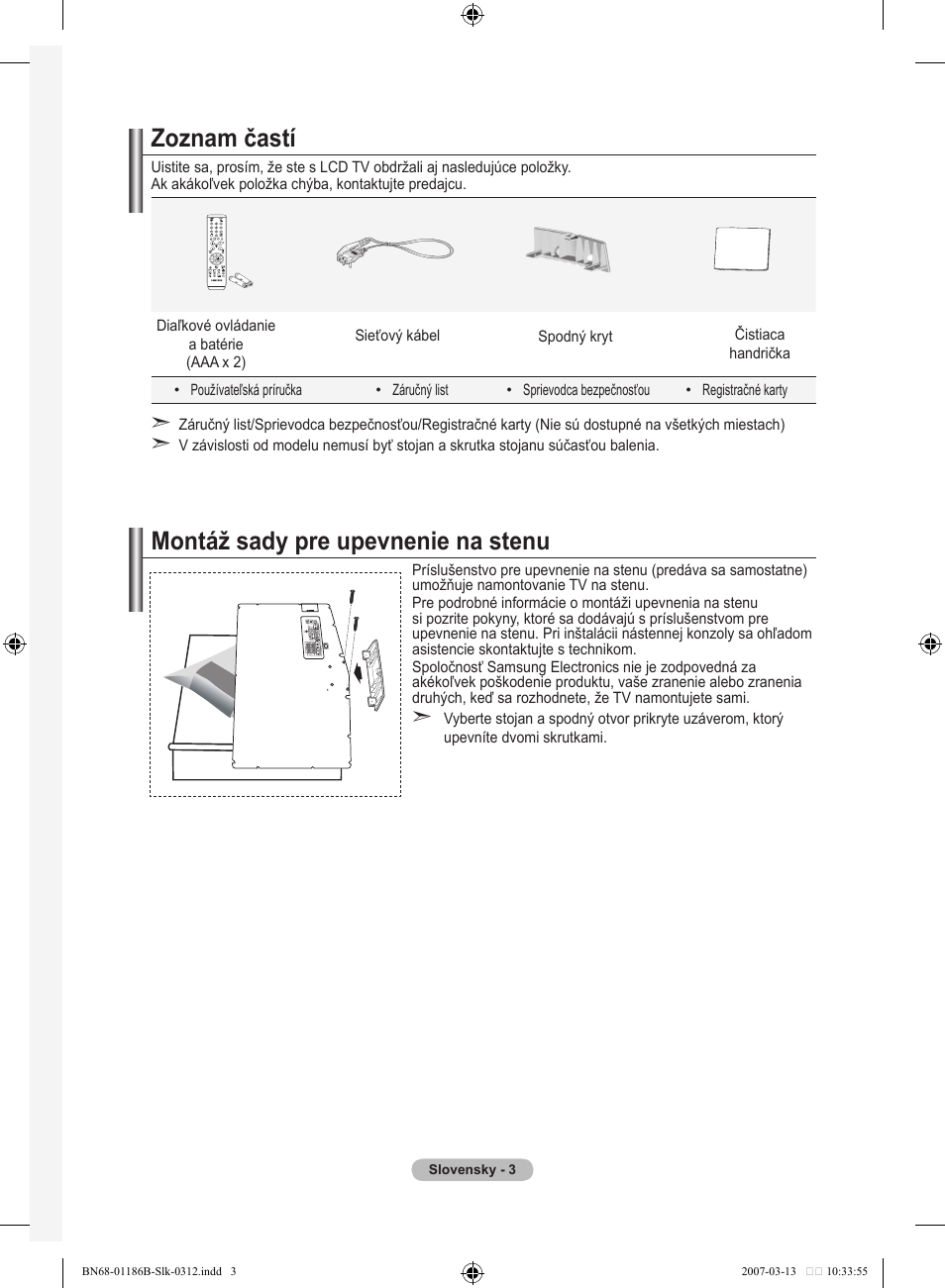 Zoznam častí, Montáž sady pre upevnenie na stenu | Samsung LE46M87BD User Manual | Page 439 / 560