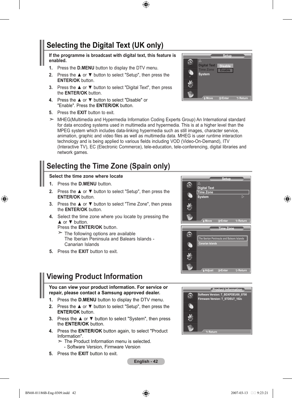 Selecting the digital text (uk only), Selecting the time zone (spain only), Viewing product information | Samsung LE46M87BD User Manual | Page 44 / 560