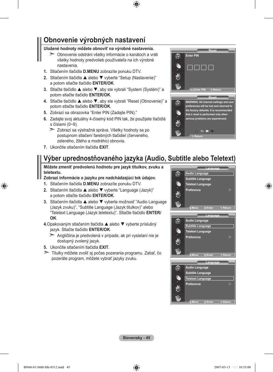 Obnovenie výrobných nastavení | Samsung LE46M87BD User Manual | Page 481 / 560