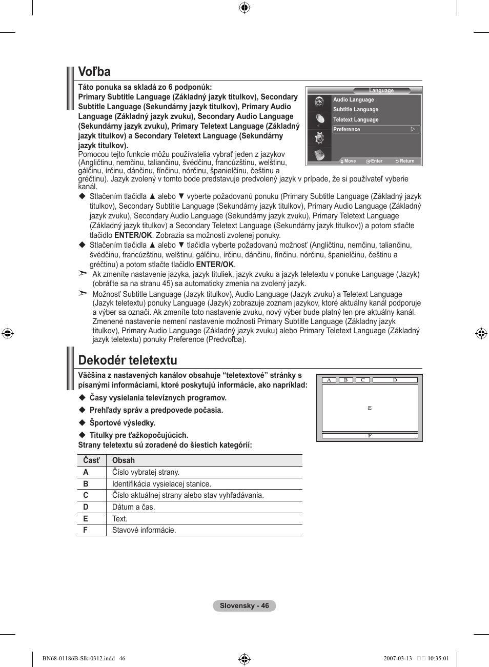 Voľba, Dekodér teletextu | Samsung LE46M87BD User Manual | Page 482 / 560