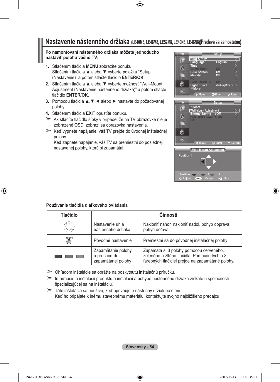 Nastavenie nástenného držiaka, Predáva sa samostatne), Tlačidlo činnosti | Samsung LE46M87BD User Manual | Page 490 / 560