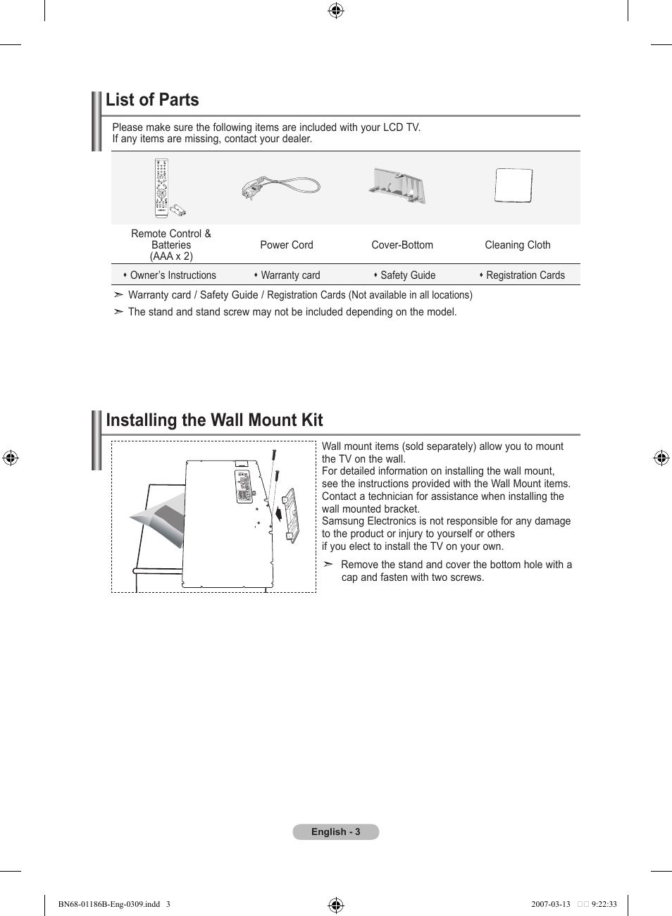 Connecting and preparing your tv, List of parts, Installing the wall mount kit | Samsung LE46M87BD User Manual | Page 5 / 560