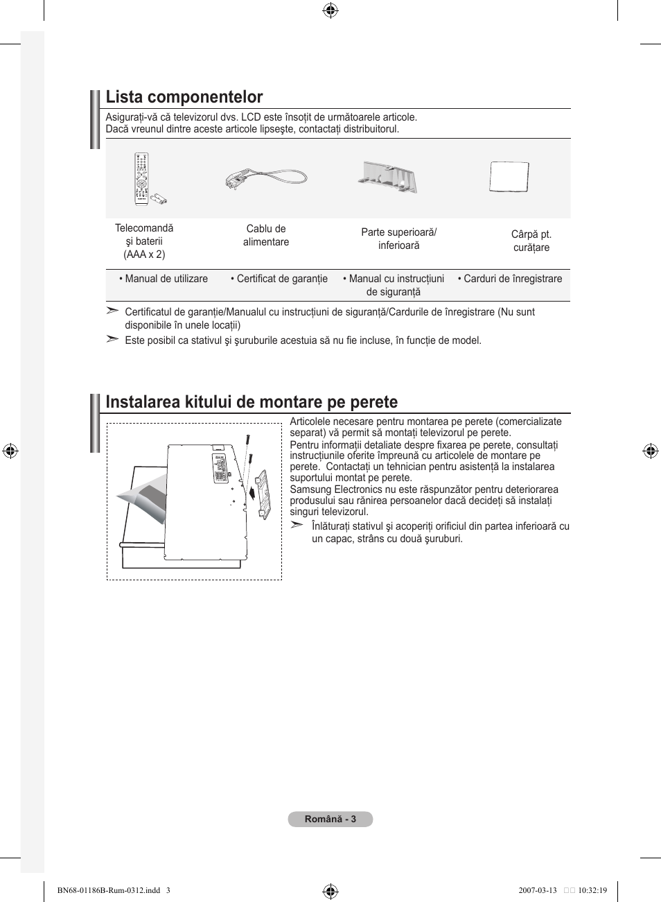 Lista componentelor, Instalarea kitului de montare pe perete | Samsung LE46M87BD User Manual | Page 501 / 560