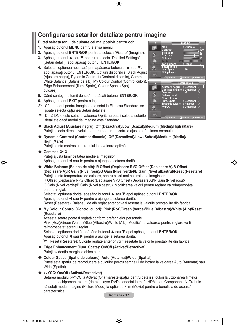 Configurarea setărilor detaliate pentru imagine | Samsung LE46M87BD User Manual | Page 515 / 560