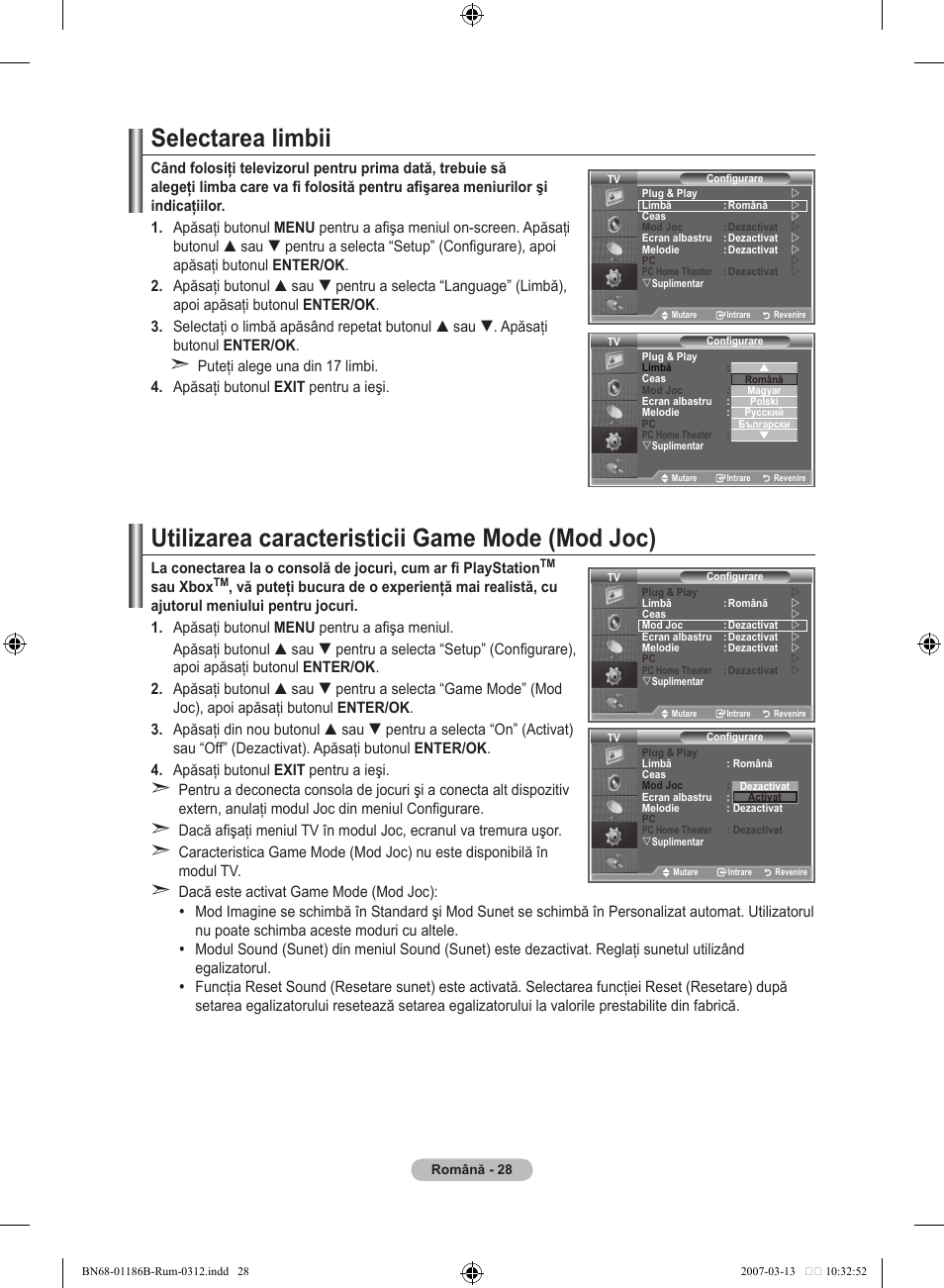 Selectarea limbii, Utilizarea caracteristicii game mode (mod joc) | Samsung LE46M87BD User Manual | Page 526 / 560