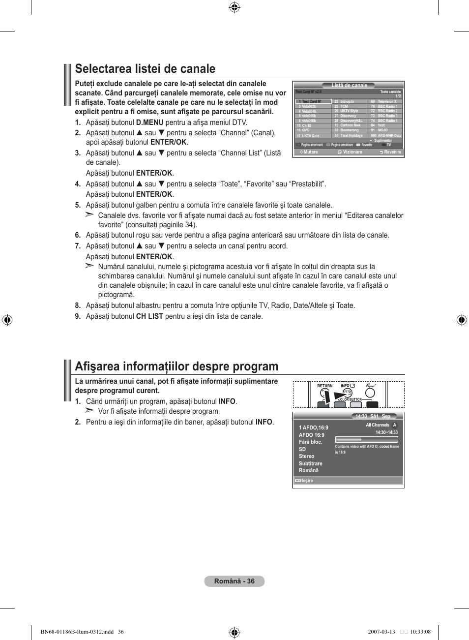 Selectarea listei de canale, Afişarea informaţiilor despre program | Samsung LE46M87BD User Manual | Page 534 / 560