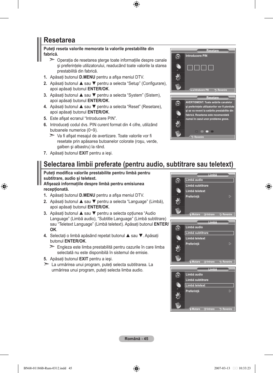 Resetarea | Samsung LE46M87BD User Manual | Page 543 / 560
