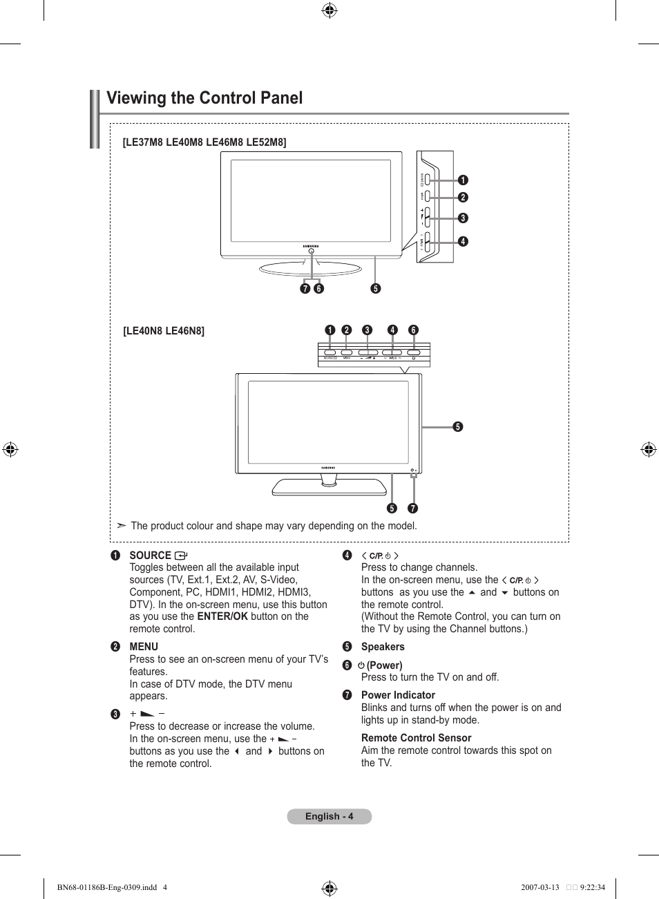 Viewing the control panel | Samsung LE46M87BD User Manual | Page 6 / 560