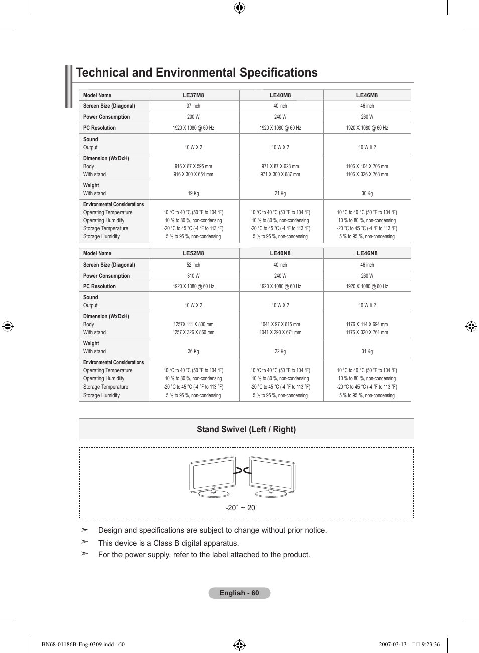 Technical and environmental specifications, Stand swivel (left / right) | Samsung LE46M87BD User Manual | Page 62 / 560