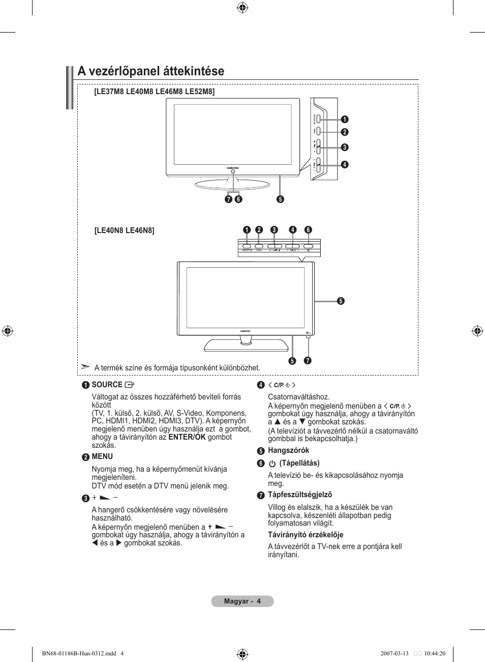 A vezérlőpanel áttekintése | Samsung LE46M87BD User Manual | Page 68 / 560