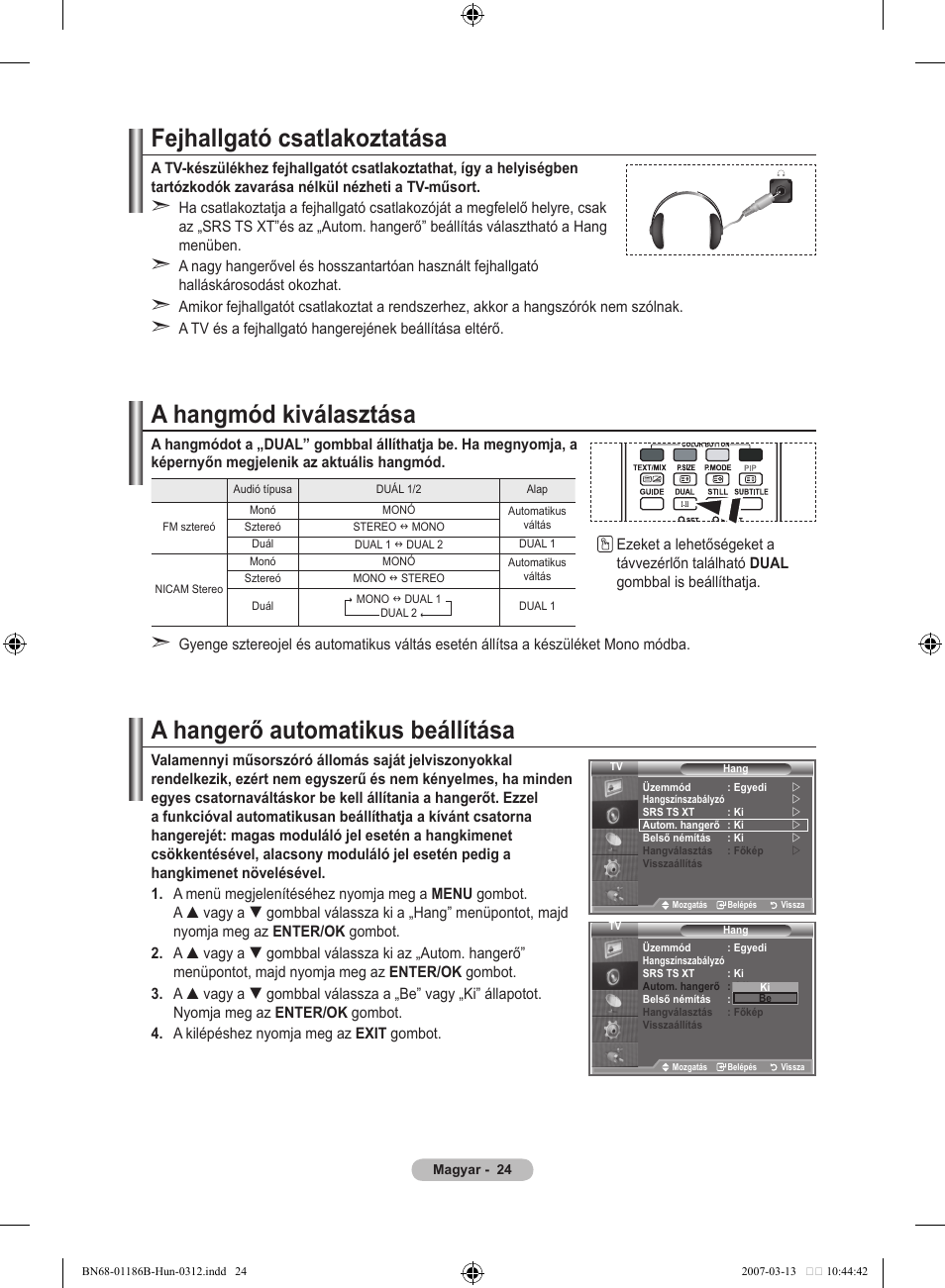 Fejhallgató csatlakoztatása, A hangmód kiválasztása, A hangerő automatikus beállítása | Samsung LE46M87BD User Manual | Page 88 / 560