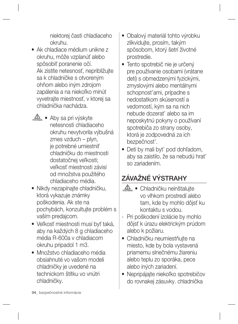 Závažné výstrahy | Samsung RSG5PURS User Manual | Page 108 / 132