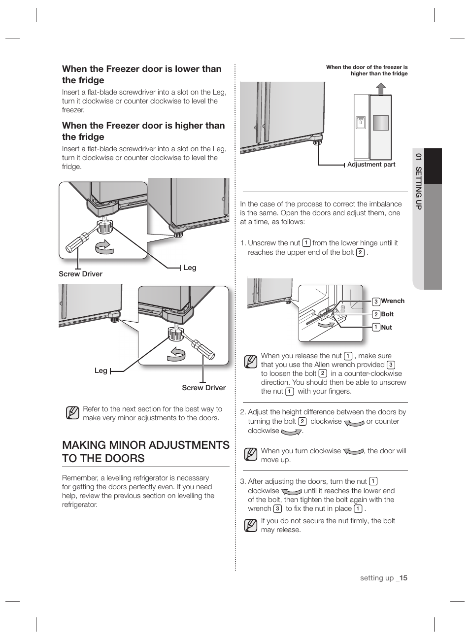 Making minor adjustments to the doors, When the freezer door is lower than the fridge, When the freezer door is higher than the fridge | Samsung RSG5PURS User Manual | Page 15 / 132