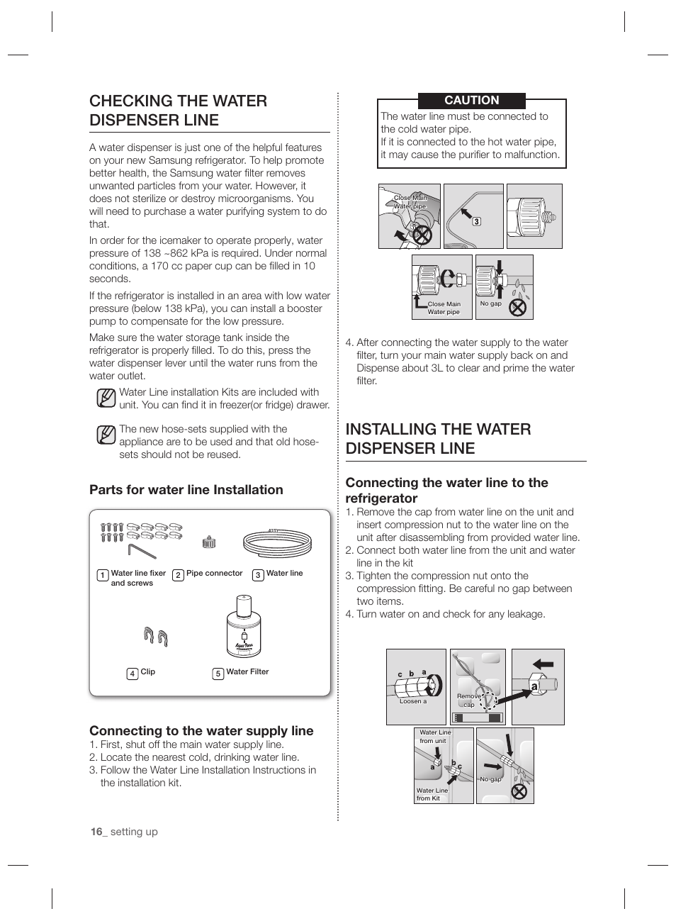 Installing the water dispenser line, Checking the water dispenser line, Connecting the water line to the refrigerator | Caution | Samsung RSG5PURS User Manual | Page 16 / 132
