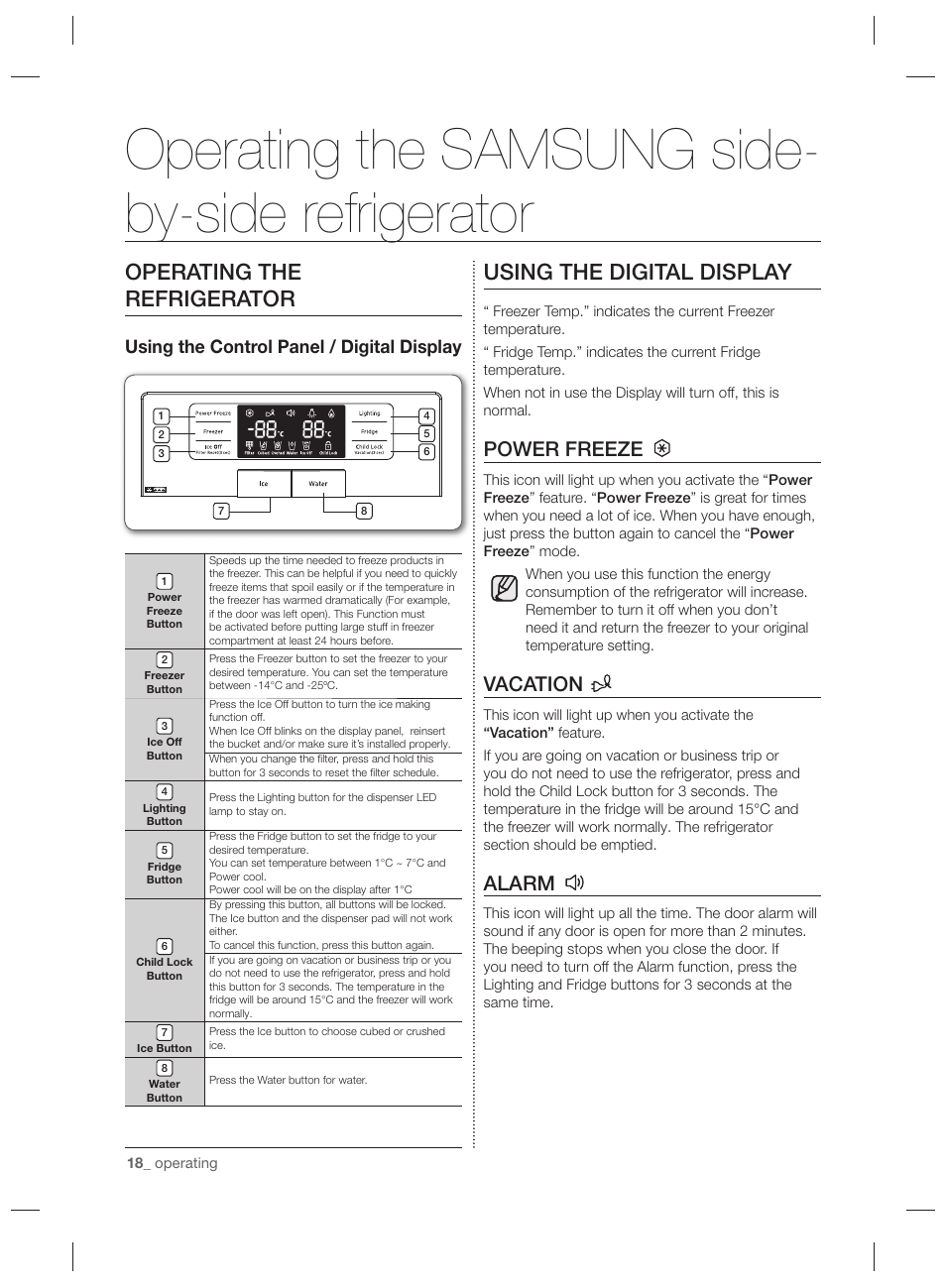 Operating the samsung side- by-side refrigerator, Operating the refrigerator, Using the digital display | Power freeze, Vacation, Alarm, Using the control panel / digital display | Samsung RSG5PURS User Manual | Page 18 / 132