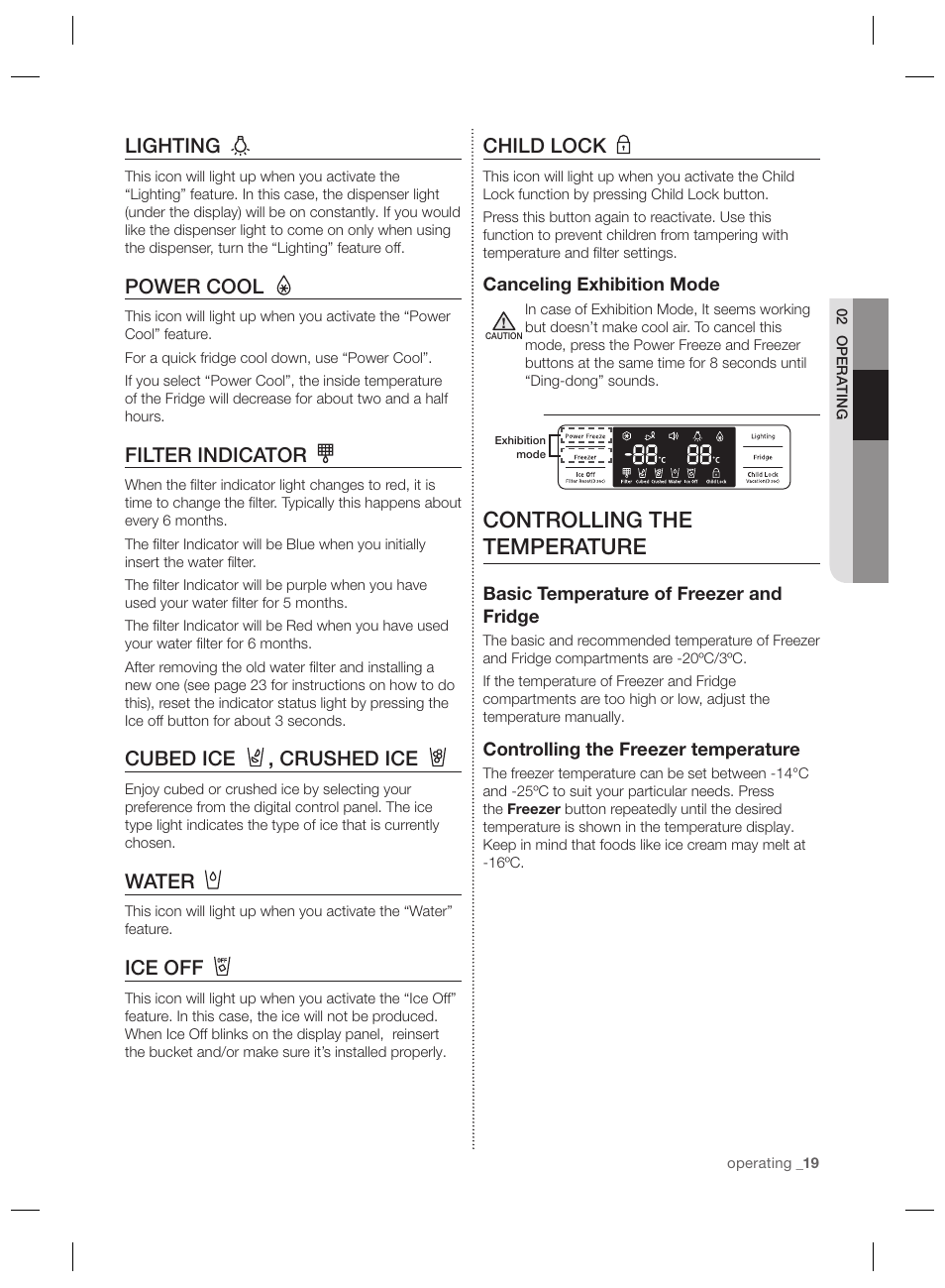 Controlling the temperature, Child lock, Lighting | Power cool, Filter indicator, Cubed ice , crushed ice, Water, Ice off | Samsung RSG5PURS User Manual | Page 19 / 132