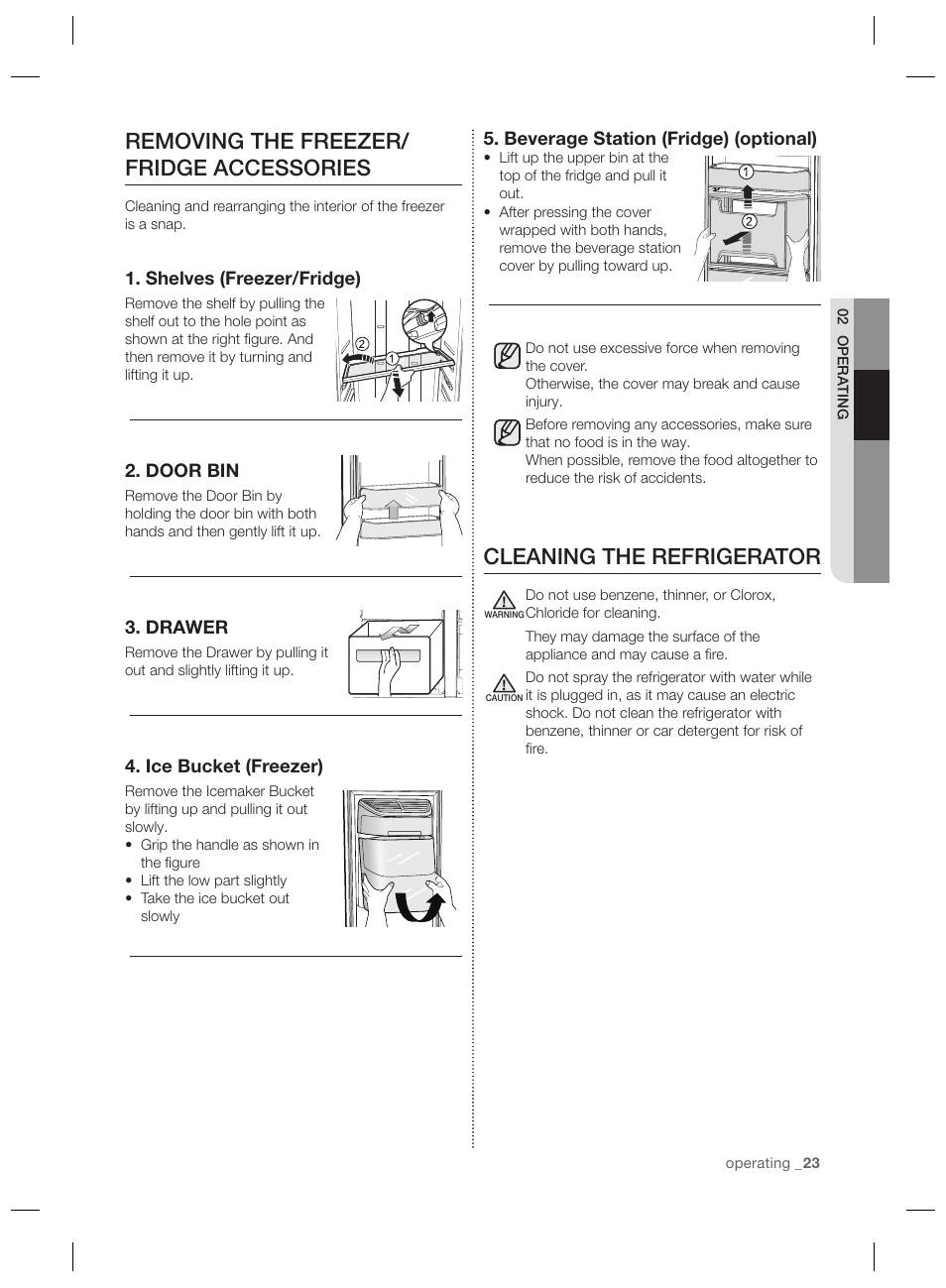 Cleaning the refrigerator, Removing the freezer/ fridge accessories | Samsung RSG5PURS User Manual | Page 23 / 132