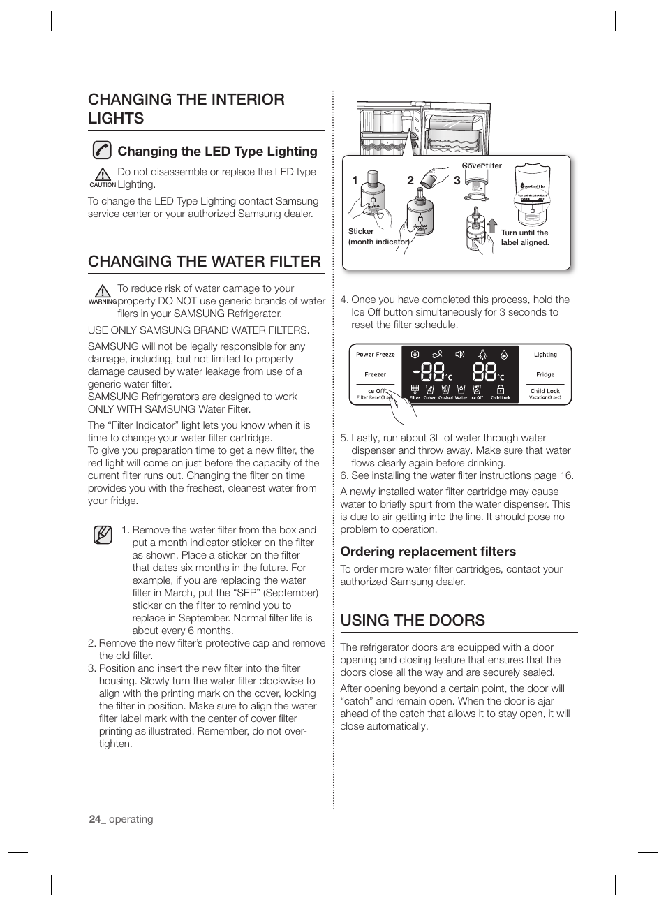 Using the doors, Changing the interior lights, Changing the water filter | Samsung RSG5PURS User Manual | Page 24 / 132