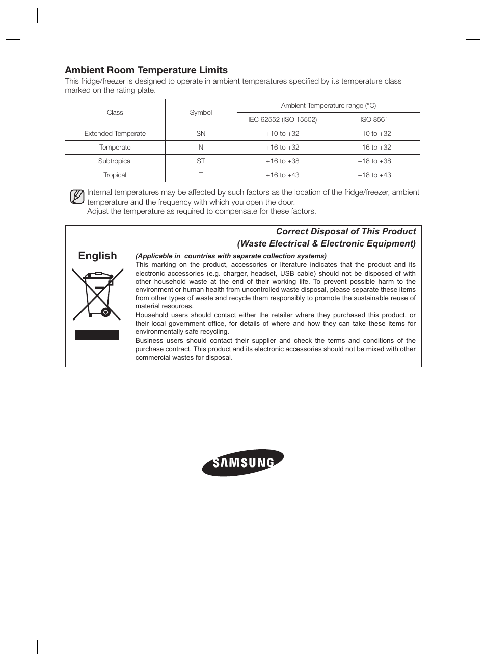 English, Ambient room temperature limits | Samsung RSG5PURS User Manual | Page 26 / 132