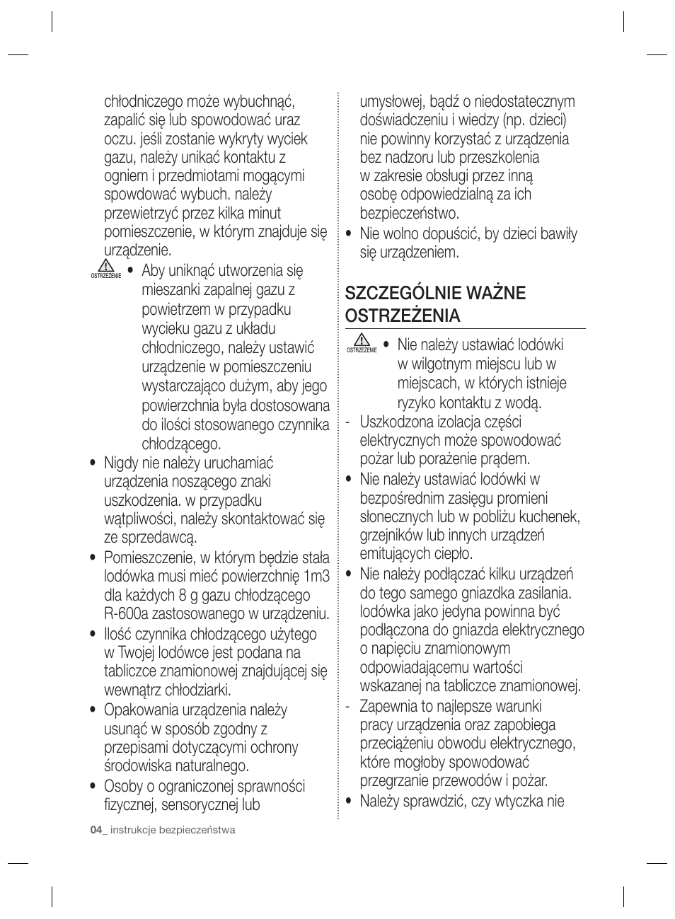 Szczególnie ważne ostrzeżenia | Samsung RSG5PURS User Manual | Page 30 / 132