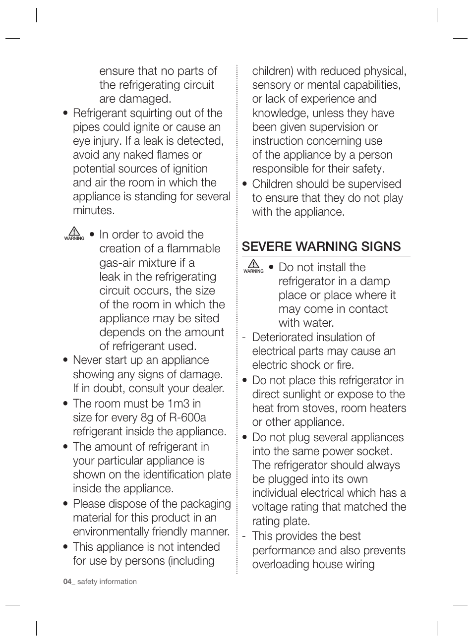 Severe warning signs | Samsung RSG5PURS User Manual | Page 4 / 132