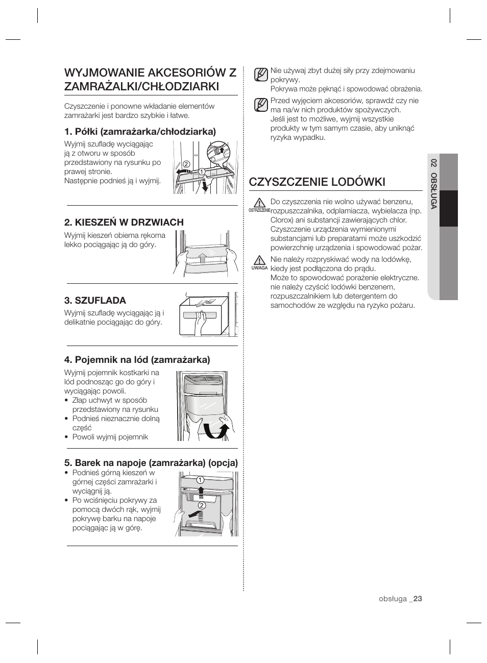 Czyszczenie lodówki, Wyjmowanie akcesoriów z zamrażalki/chłodziarki | Samsung RSG5PURS User Manual | Page 49 / 132