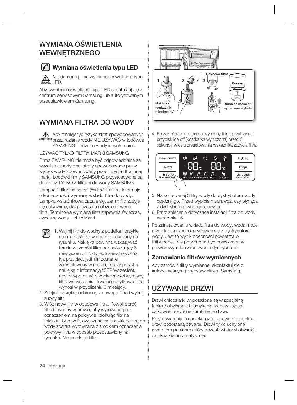 Używanie drzwi, Wymiana oświetlenia wewnętrznego, Wymiana filtra do wody | Samsung RSG5PURS User Manual | Page 50 / 132