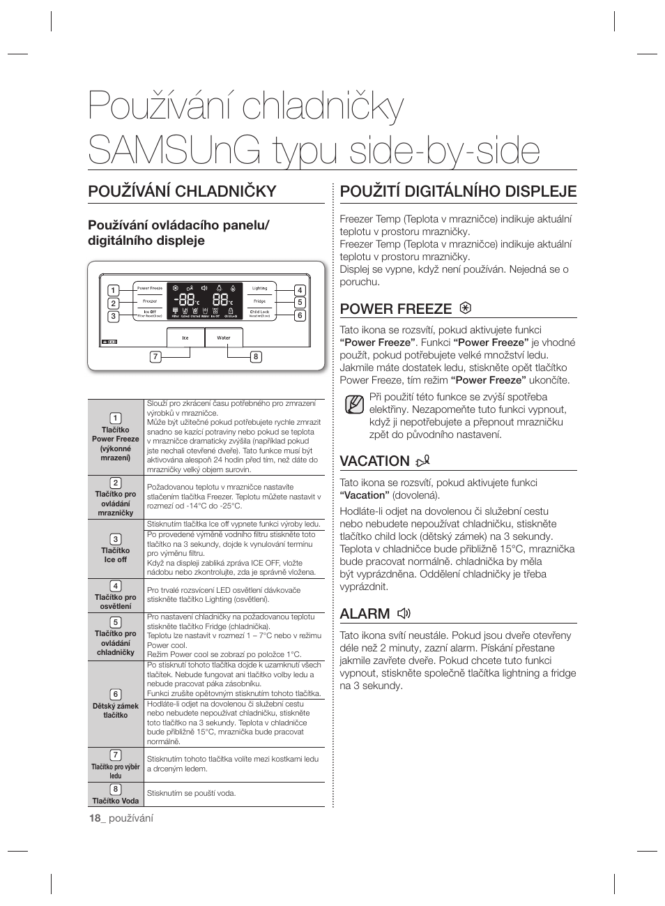 Používání chladničky samsung typu side-by-side, Používání chladničky, Použití digitálního displeje | Power freeze, Vacation, Alarm, Používání ovládacího panelu/ digitálního displeje | Samsung RSG5PURS User Manual | Page 96 / 132