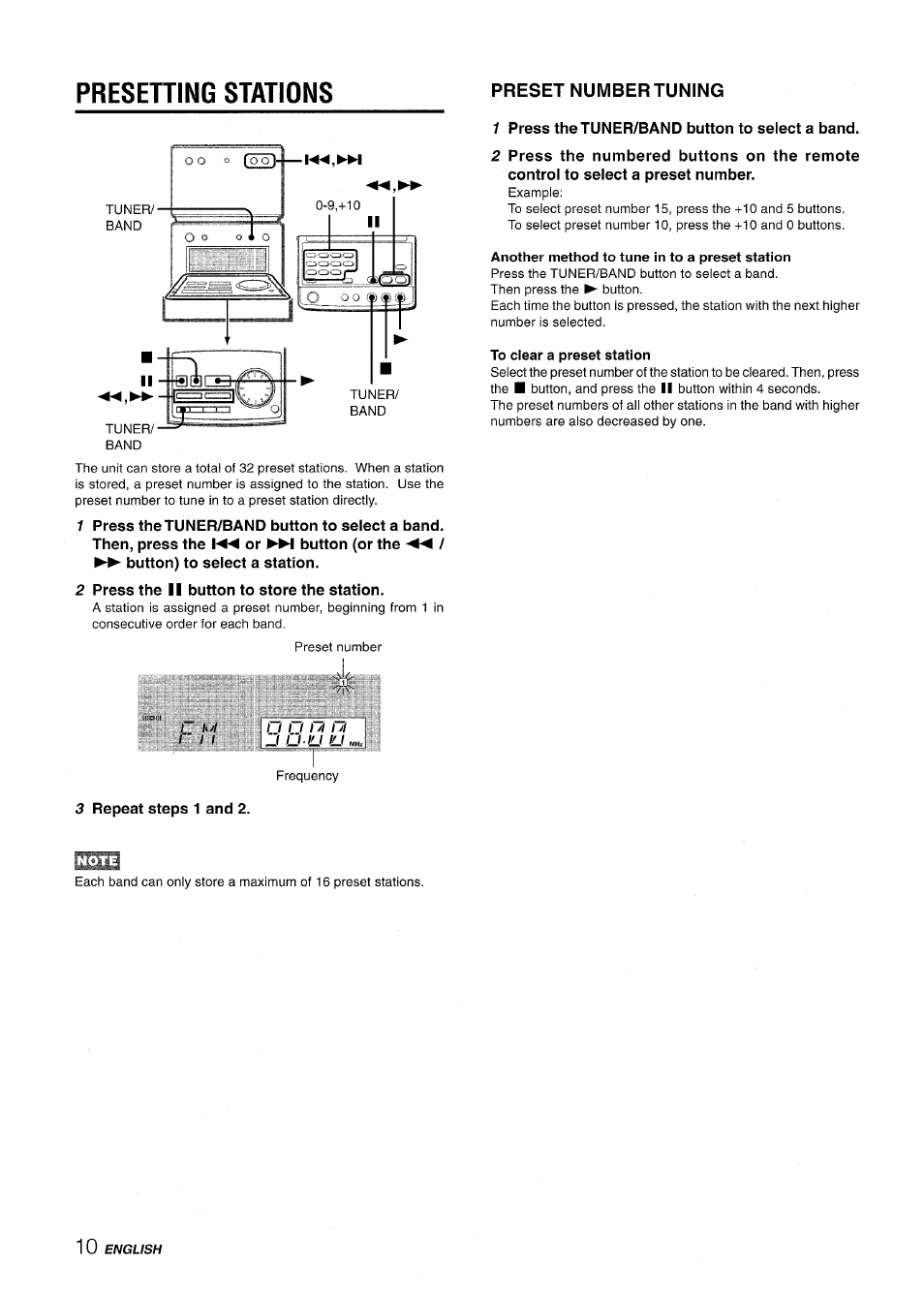 Button) to select a station, 2 press the ii button to store the station, Preset number tuning | 1 press thetuner/band button to select a band, Another method to tune in to a preset station, To clear a preset station, 3 repeat steps 1 and 2, Note, Presetting stations | Aiwa XR-M70 User Manual | Page 10 / 56