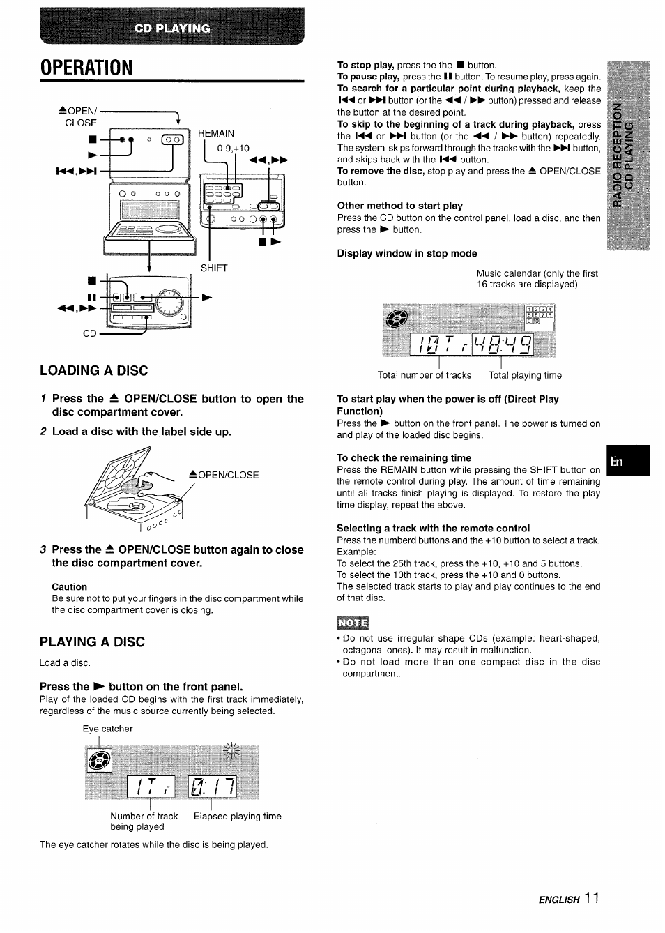 Operation, Other method to start play, Display window in stop mode | Cc q, 2 load a disc with the iabel side up, Caution, To check the remaining time, Selecting a track with the remote control, Playing a disc, Press the ^ button on the front panel | Aiwa XR-M70 User Manual | Page 11 / 56