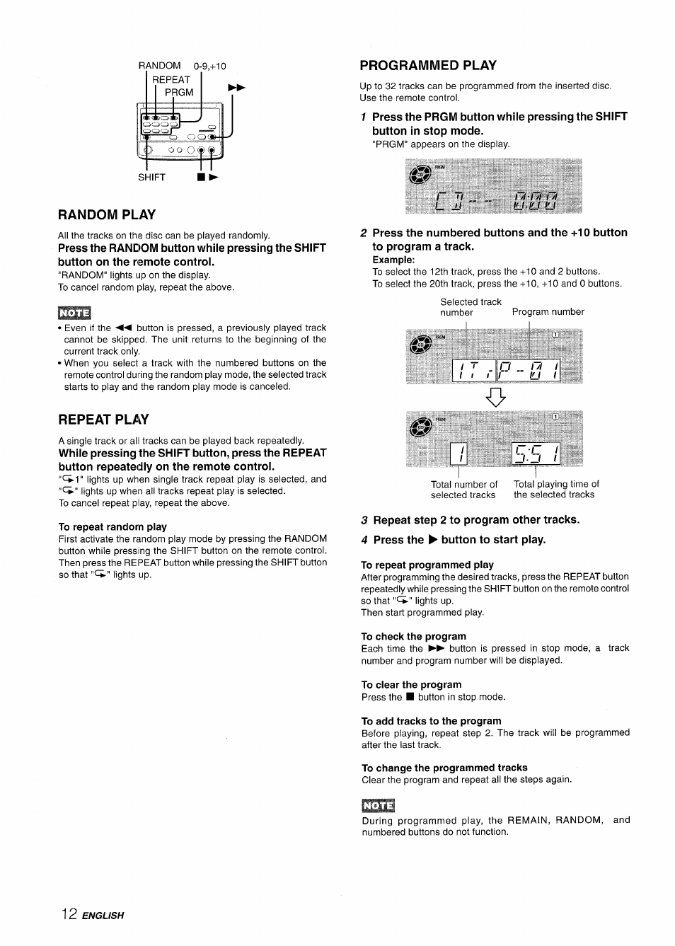 Random play, Repeat play, To repeat random play | Programmed play, To repeat programmed play, To check the program, To clear the program, To add tracks to the program, To change the programmed tracks | Aiwa XR-M70 User Manual | Page 12 / 56